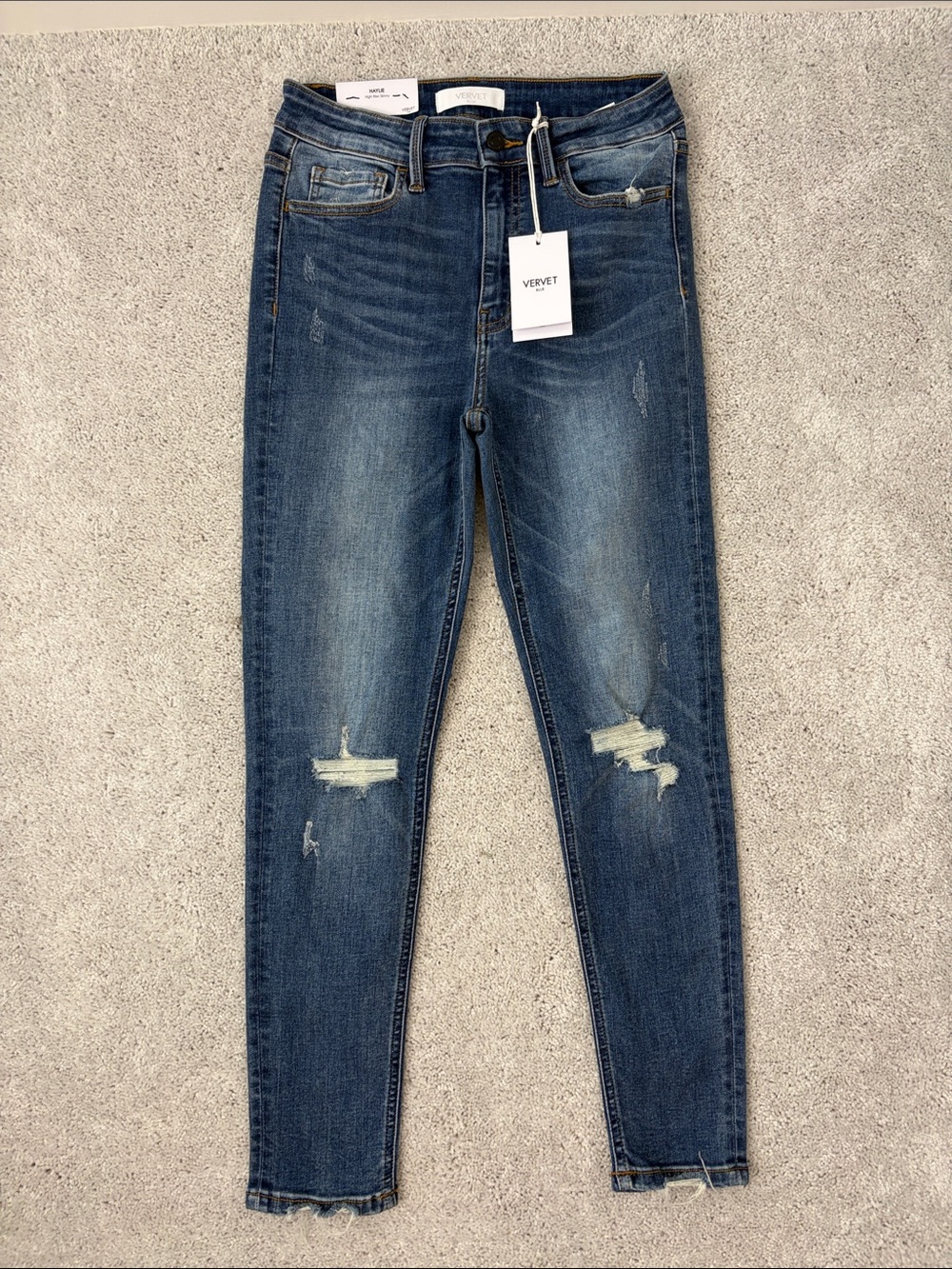VERVET High-Rise Distressed Skinny Jeans in Dark Blue Wash